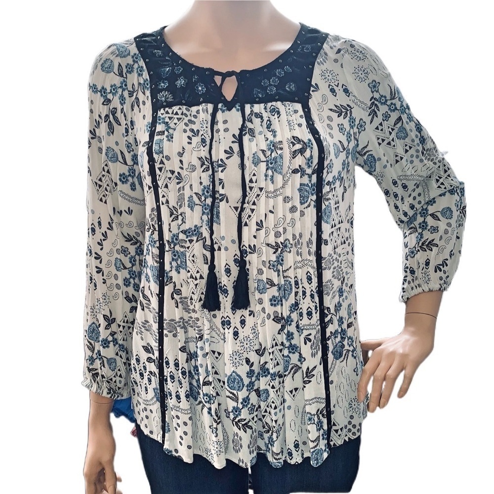 Style & Co Bohemian Peasant Popover Blouse Top Blue Cream Boho Print Size XL NEW